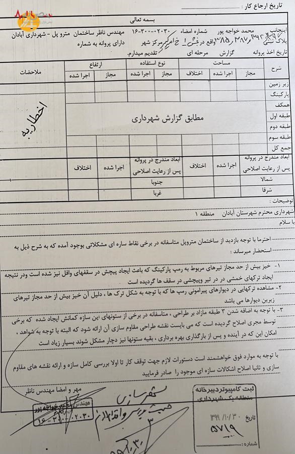 درخواست توقف ساخت متروپل اردیبهشت ۱۴۰۱ داده شده بود/ شهرداری آبادان بدون توجه به گزارش، مجوز رستوران و کافی شاپ را هم صادر کرده است +اسناد