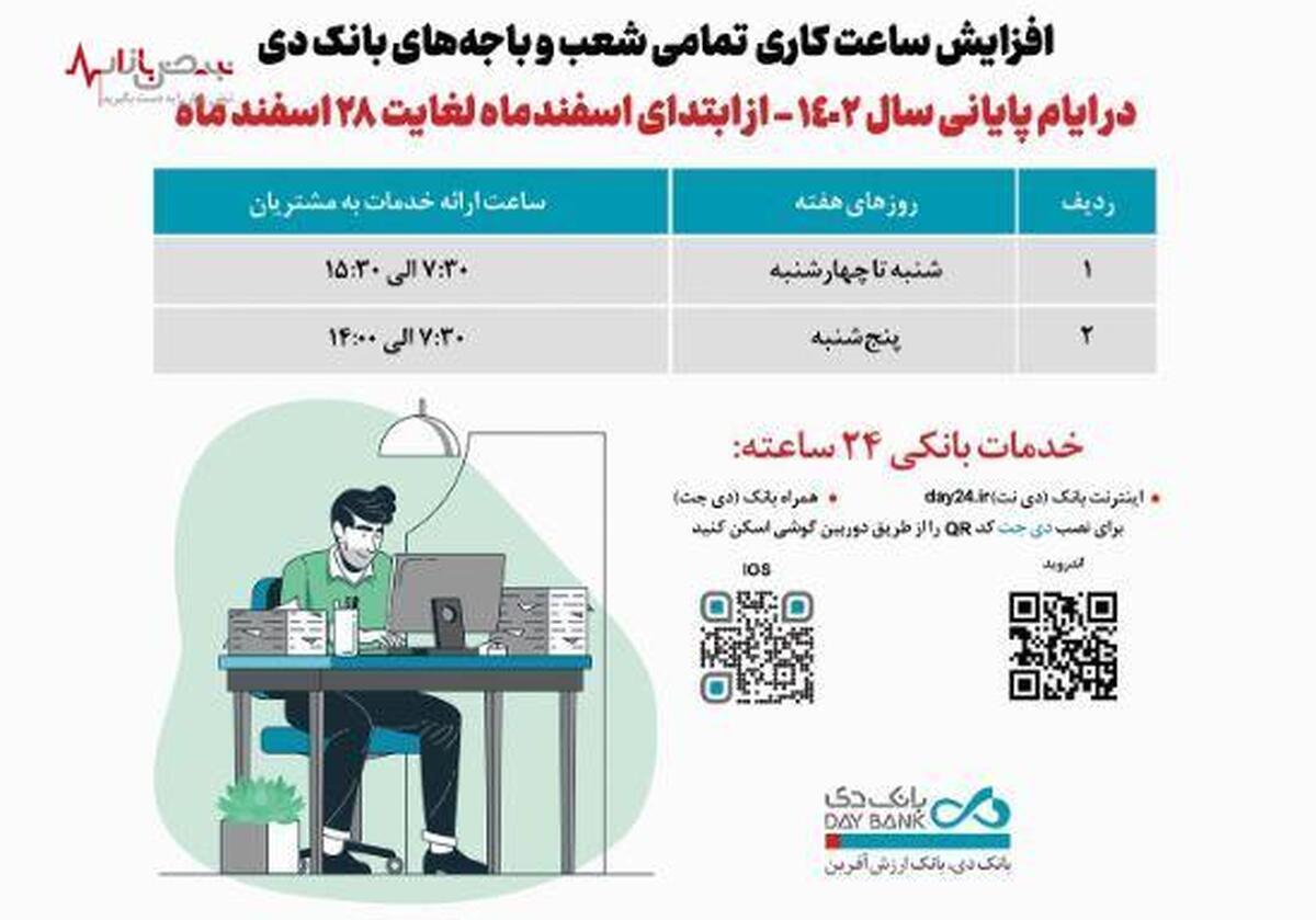 افزایش ساعت کاری شعب بانک دی در اسفند ماه